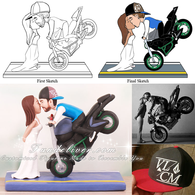 Groom Doing Stoppie Kissing Bride Cake Toppers